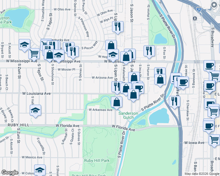 map of restaurants, bars, coffee shops, grocery stores, and more near 1303 West Louisiana Avenue in Denver