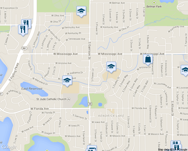 map of restaurants, bars, coffee shops, grocery stores, and more near 1237 South Flower Circle in Lakewood