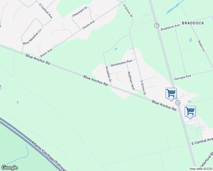 map of restaurants, bars, coffee shops, grocery stores, and more near 100-116 Blue Anchor Road in Sicklerville