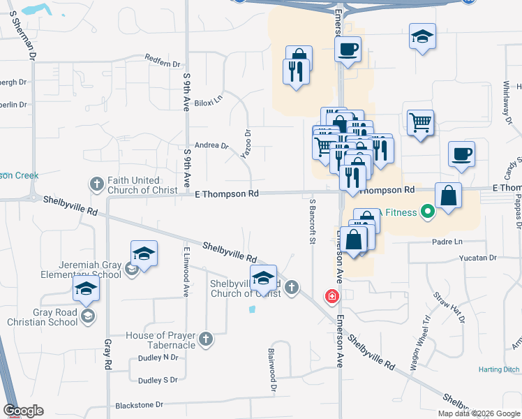 map of restaurants, bars, coffee shops, grocery stores, and more near 4719 East Thompson Road in Indianapolis