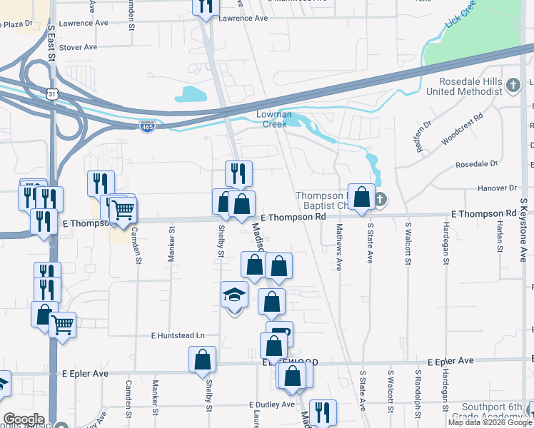 map of restaurants, bars, coffee shops, grocery stores, and more near 1219 Thompson Road in Indianapolis