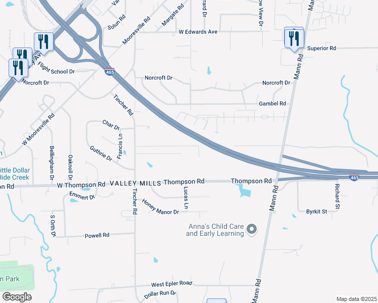 map of restaurants, bars, coffee shops, grocery stores, and more near 5308 Thompson Road in Indianapolis