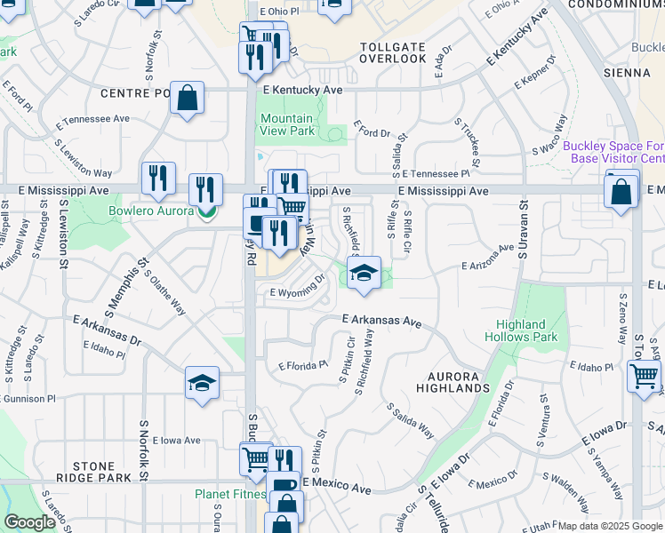 map of restaurants, bars, coffee shops, grocery stores, and more near in Aurora