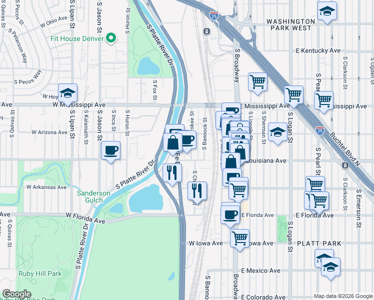 map of restaurants, bars, coffee shops, grocery stores, and more near 235 West Louisiana Avenue in Denver