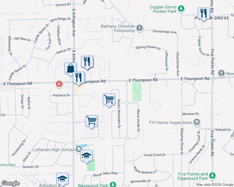 map of restaurants, bars, coffee shops, grocery stores, and more near 5052 Rocky Mountain Drive in Indianapolis