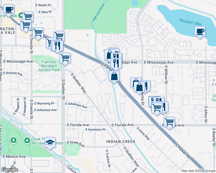 map of restaurants, bars, coffee shops, grocery stores, and more near 7676 East Arizona Drive in Denver