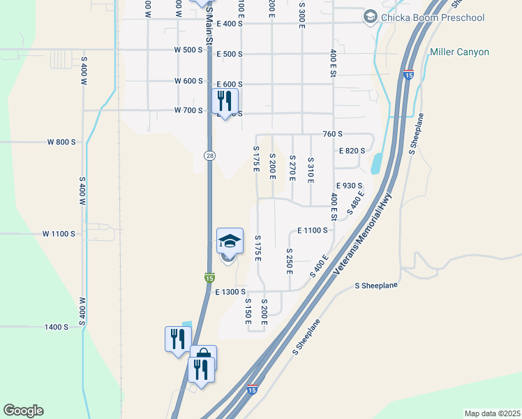map of restaurants, bars, coffee shops, grocery stores, and more near 1017 South 175 East in Nephi