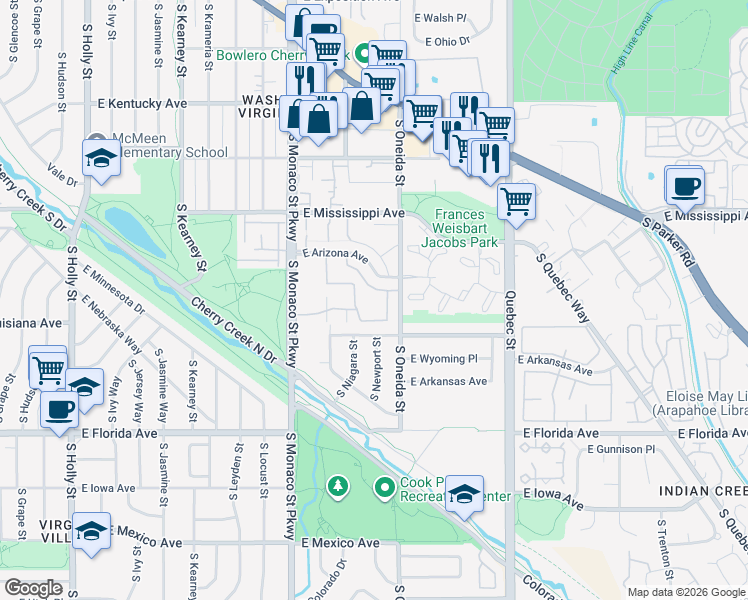 map of restaurants, bars, coffee shops, grocery stores, and more near 169 East Arizona Avenue in Denver