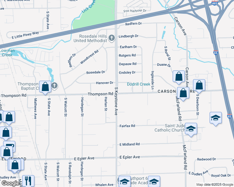 map of restaurants, bars, coffee shops, grocery stores, and more near E Thompson Rd & S Keystone Ave in Indianapolis