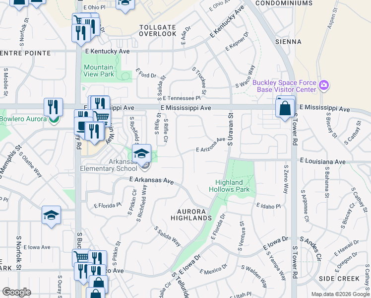map of restaurants, bars, coffee shops, grocery stores, and more near 1152 South Salida Way in Aurora