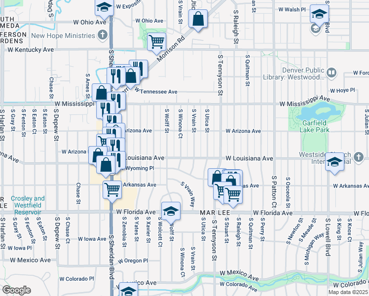 map of restaurants, bars, coffee shops, grocery stores, and more near 1225 South Vrain Street in Denver