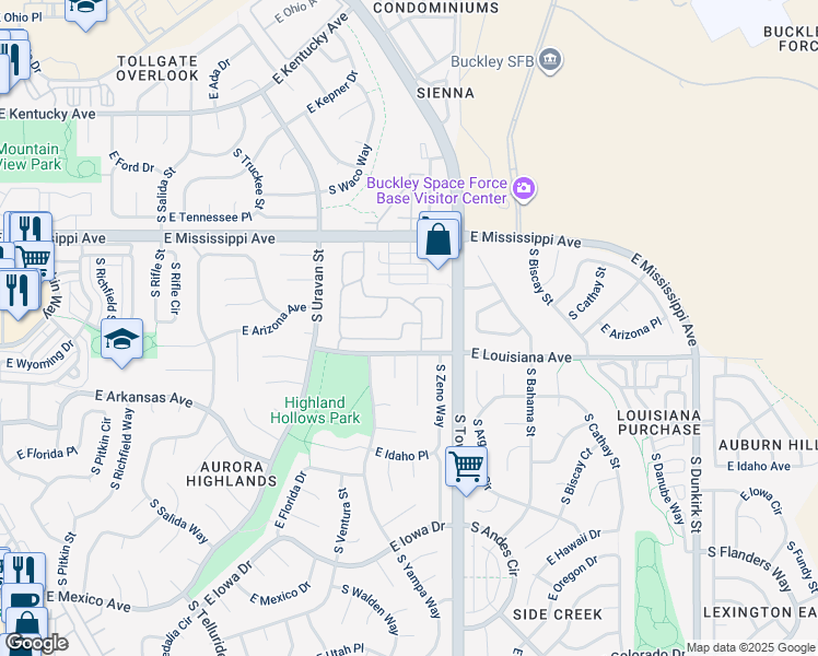 map of restaurants, bars, coffee shops, grocery stores, and more near 1203A South Zeno Way in Aurora