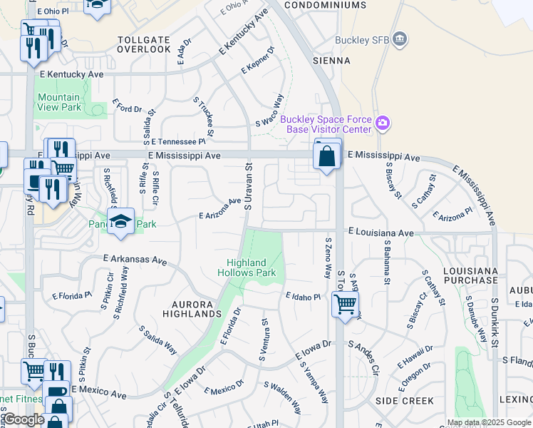 map of restaurants, bars, coffee shops, grocery stores, and more near 1180 South Waco Street in Aurora