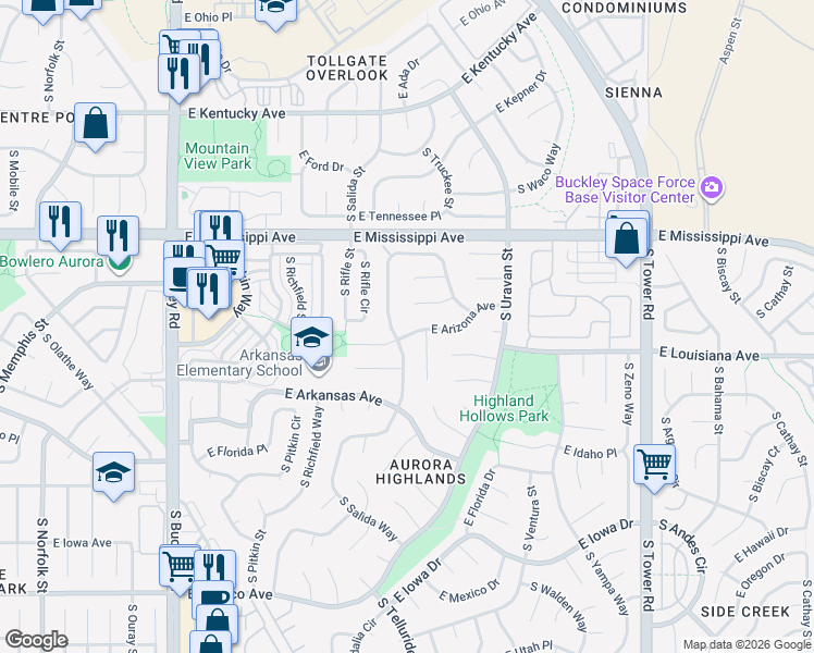 map of restaurants, bars, coffee shops, grocery stores, and more near 1152 South Salida Way in Aurora