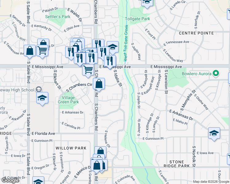 map of restaurants, bars, coffee shops, grocery stores, and more near 1204 South Idalia Street in Aurora