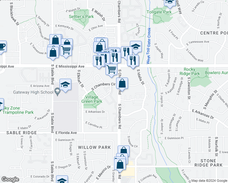 map of restaurants, bars, coffee shops, grocery stores, and more near 15282 East Louisiana Drive in Aurora