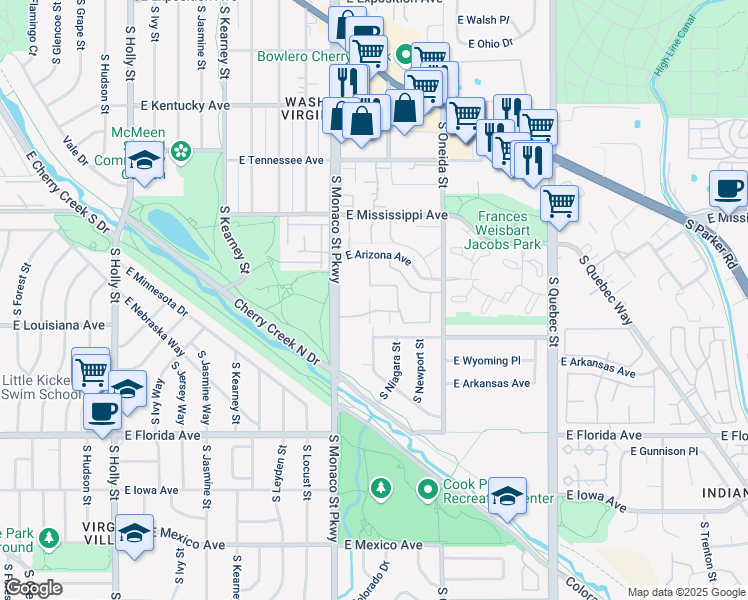 map of restaurants, bars, coffee shops, grocery stores, and more near 1250 South Monaco Parkway in Denver