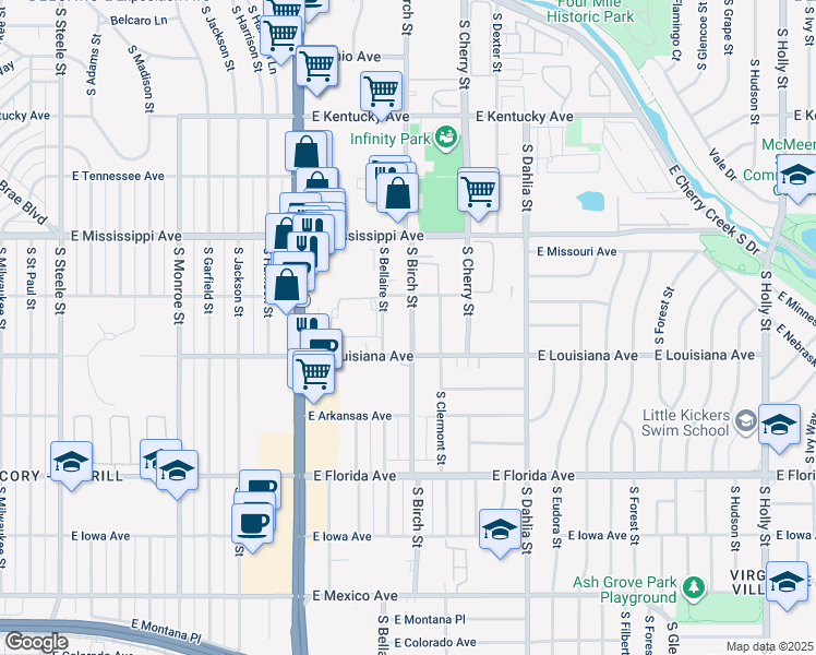 map of restaurants, bars, coffee shops, grocery stores, and more near 1230 South Bellaire Street in Denver