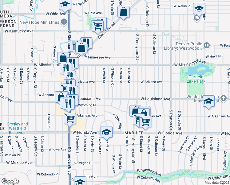map of restaurants, bars, coffee shops, grocery stores, and more near 1225 South Vrain Street in Denver