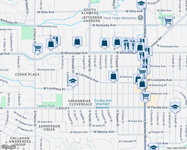 map of restaurants, bars, coffee shops, grocery stores, and more near 1220 South Gray Street in Lakewood