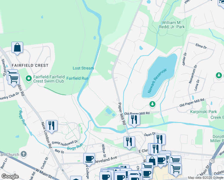 map of restaurants, bars, coffee shops, grocery stores, and more near 355 Paper Mill Road in Newark