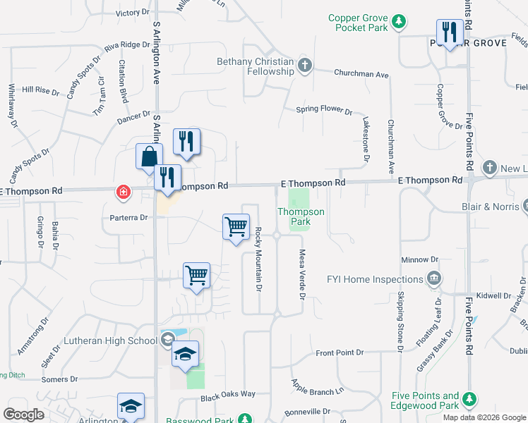 map of restaurants, bars, coffee shops, grocery stores, and more near 5024 Thompson Park Boulevard in Indianapolis