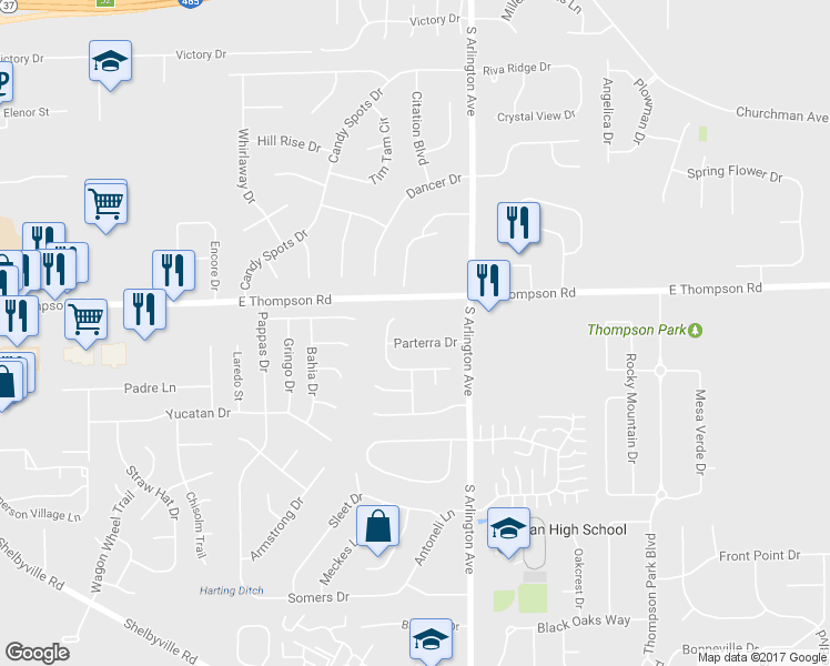 map of restaurants, bars, coffee shops, grocery stores, and more near 5895 Thompson Road in Indianapolis