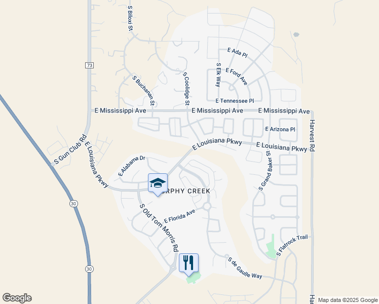map of restaurants, bars, coffee shops, grocery stores, and more near East Louisiana Parkway in Aurora