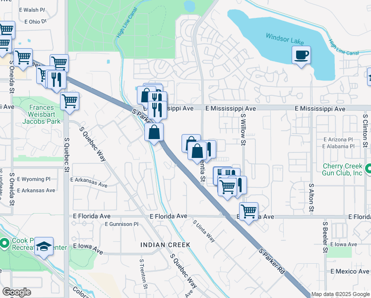 map of restaurants, bars, coffee shops, grocery stores, and more near 1302 South Parker Road in Denver