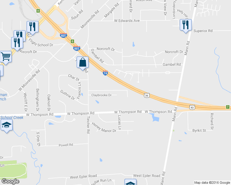 map of restaurants, bars, coffee shops, grocery stores, and more near 5314 Claybrooke Drive in Indianapolis