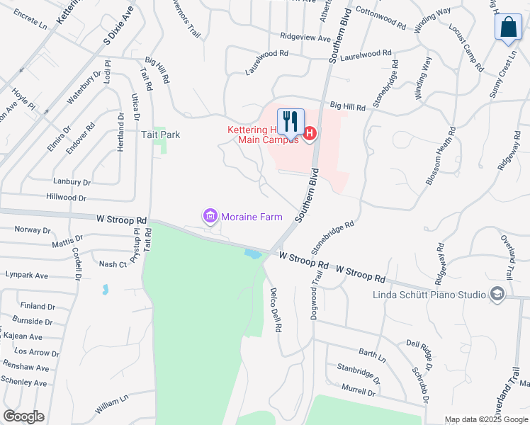 map of restaurants, bars, coffee shops, grocery stores, and more near 3965 Southern Boulevard in Dayton