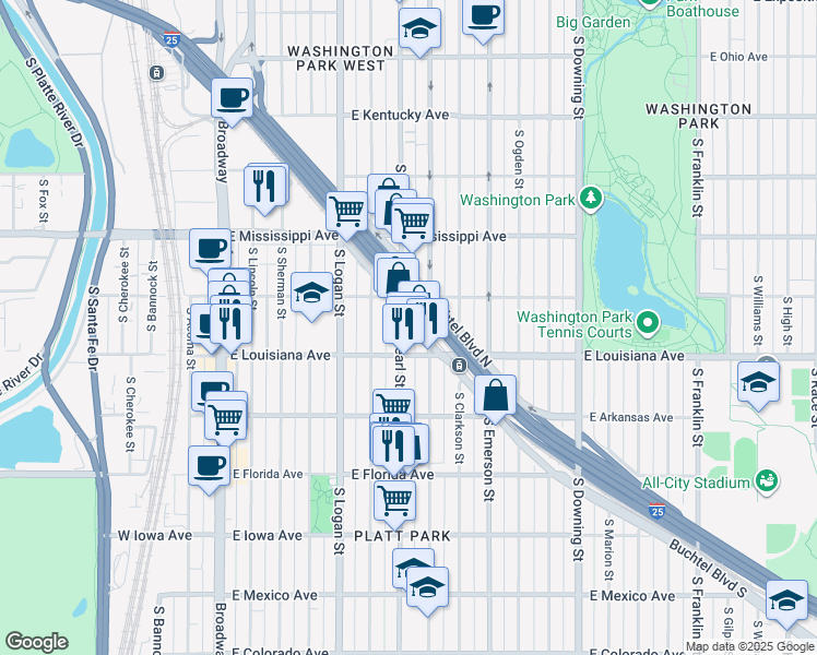 map of restaurants, bars, coffee shops, grocery stores, and more near 1215 South Pearl Street in Denver