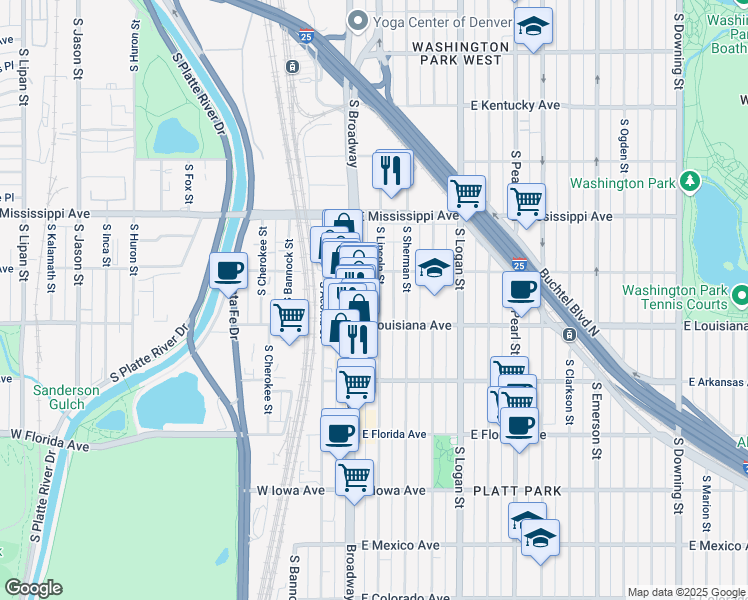 map of restaurants, bars, coffee shops, grocery stores, and more near 1241 South Lincoln Street in Denver