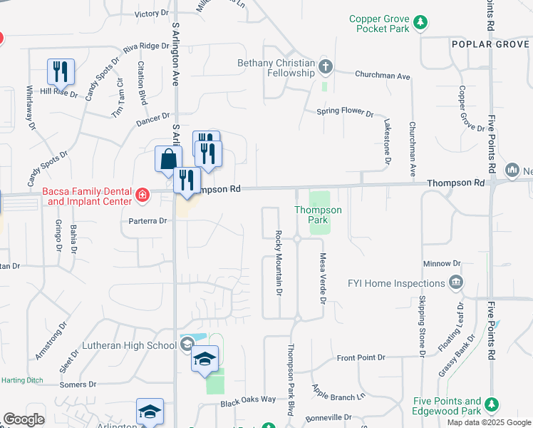 map of restaurants, bars, coffee shops, grocery stores, and more near 5043 Grand Tetons Drive in Indianapolis