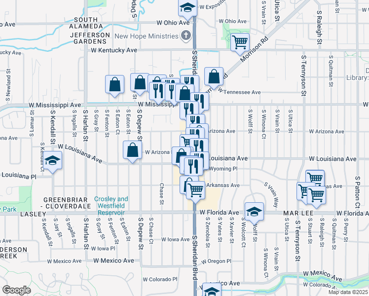 map of restaurants, bars, coffee shops, grocery stores, and more near 5290 West Arizona Avenue in Lakewood