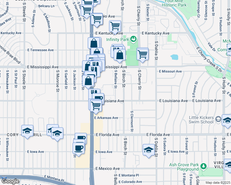 map of restaurants, bars, coffee shops, grocery stores, and more near 1235 South Bellaire Street in Denver