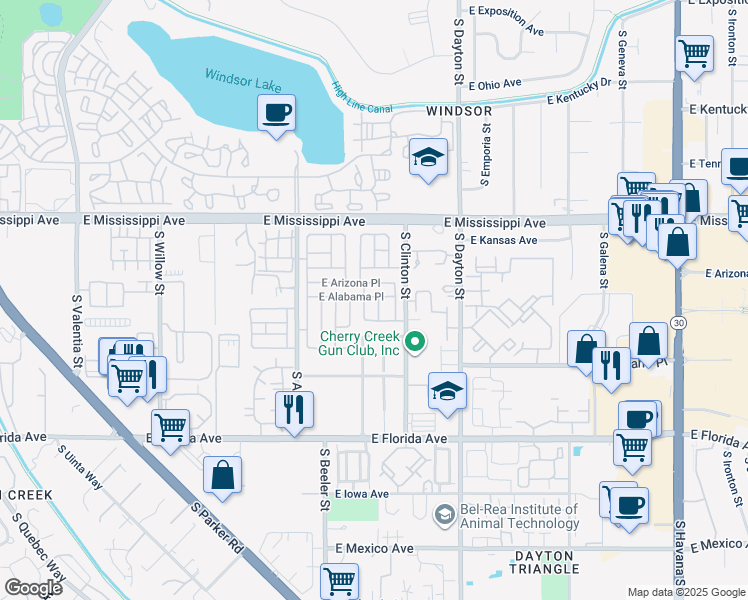 map of restaurants, bars, coffee shops, grocery stores, and more near 9427 East Arizona Place in Denver