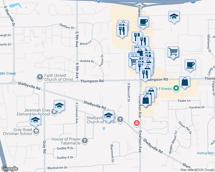 map of restaurants, bars, coffee shops, grocery stores, and more near 1720 Yazoo Drive in Beech Grove