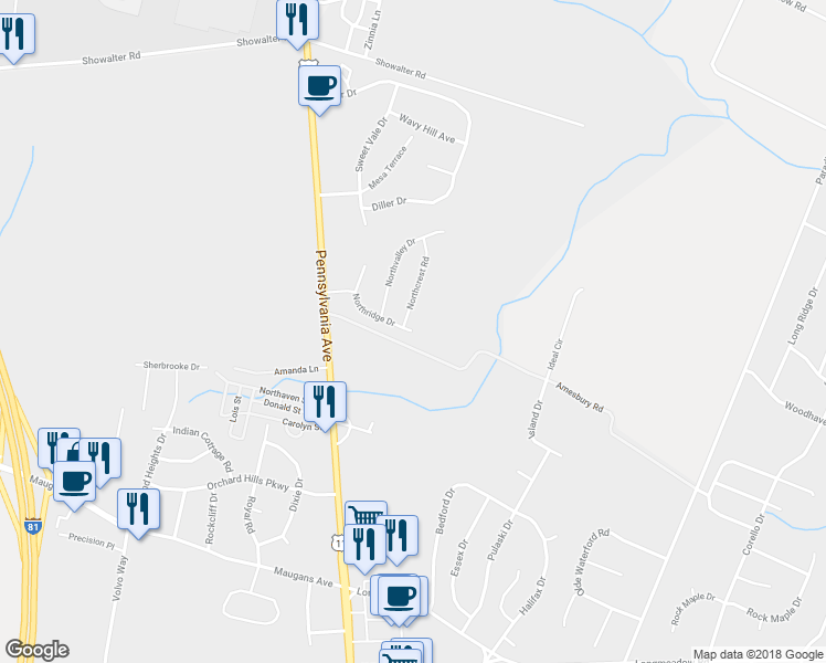 map of restaurants, bars, coffee shops, grocery stores, and more near 21740 Northridge Drive in Hagerstown