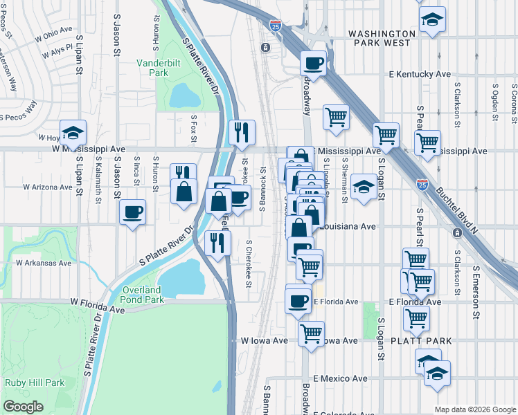 map of restaurants, bars, coffee shops, grocery stores, and more near 1200 South Cherokee Street in Denver