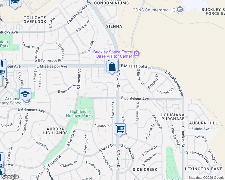 map of restaurants, bars, coffee shops, grocery stores, and more near 1225 South Zeno Circle in Aurora