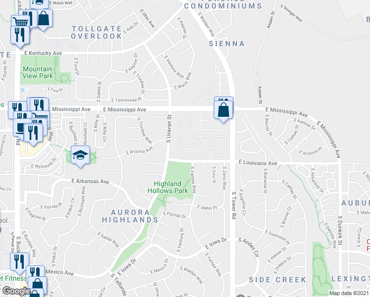 map of restaurants, bars, coffee shops, grocery stores, and more near 1180 South Waco Street in Aurora