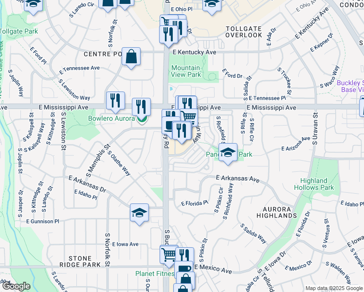 map of restaurants, bars, coffee shops, grocery stores, and more near 1240 South Buckley Road in Aurora