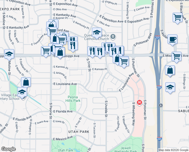 map of restaurants, bars, coffee shops, grocery stores, and more near 12894 East Kansas Place in Aurora