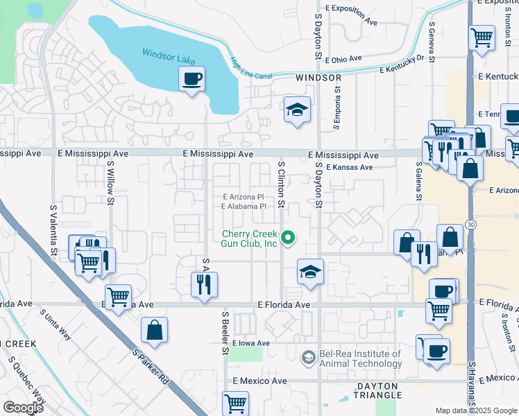 map of restaurants, bars, coffee shops, grocery stores, and more near 9427 East Arizona Place in Denver