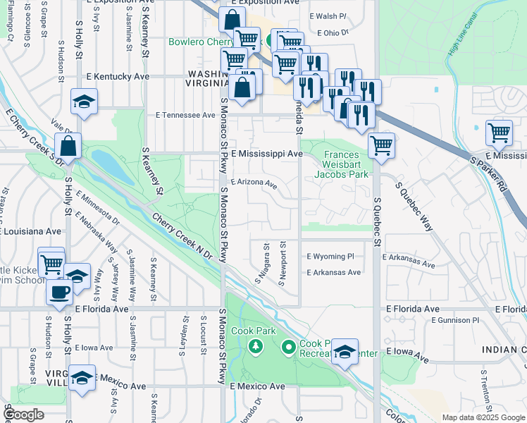 map of restaurants, bars, coffee shops, grocery stores, and more near 169 East Arizona Avenue in Denver