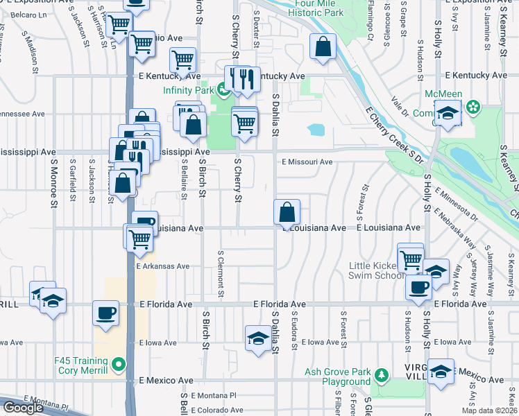 map of restaurants, bars, coffee shops, grocery stores, and more near 4705 East Louisiana Avenue in Denver