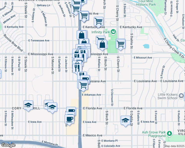 map of restaurants, bars, coffee shops, grocery stores, and more near 1225 South Bellaire Street in Denver