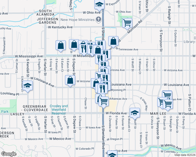 map of restaurants, bars, coffee shops, grocery stores, and more near 5290 West Arizona Avenue in Lakewood
