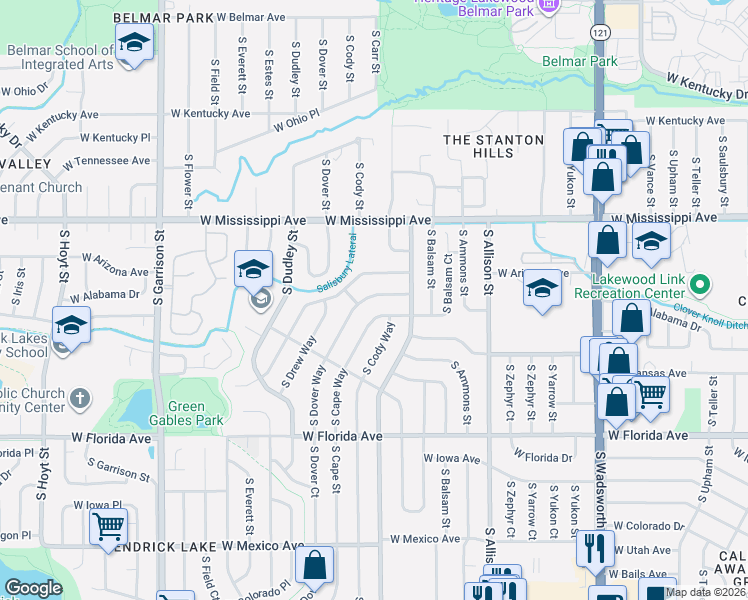 map of restaurants, bars, coffee shops, grocery stores, and more near 8464 West Arizona Drive in Lakewood